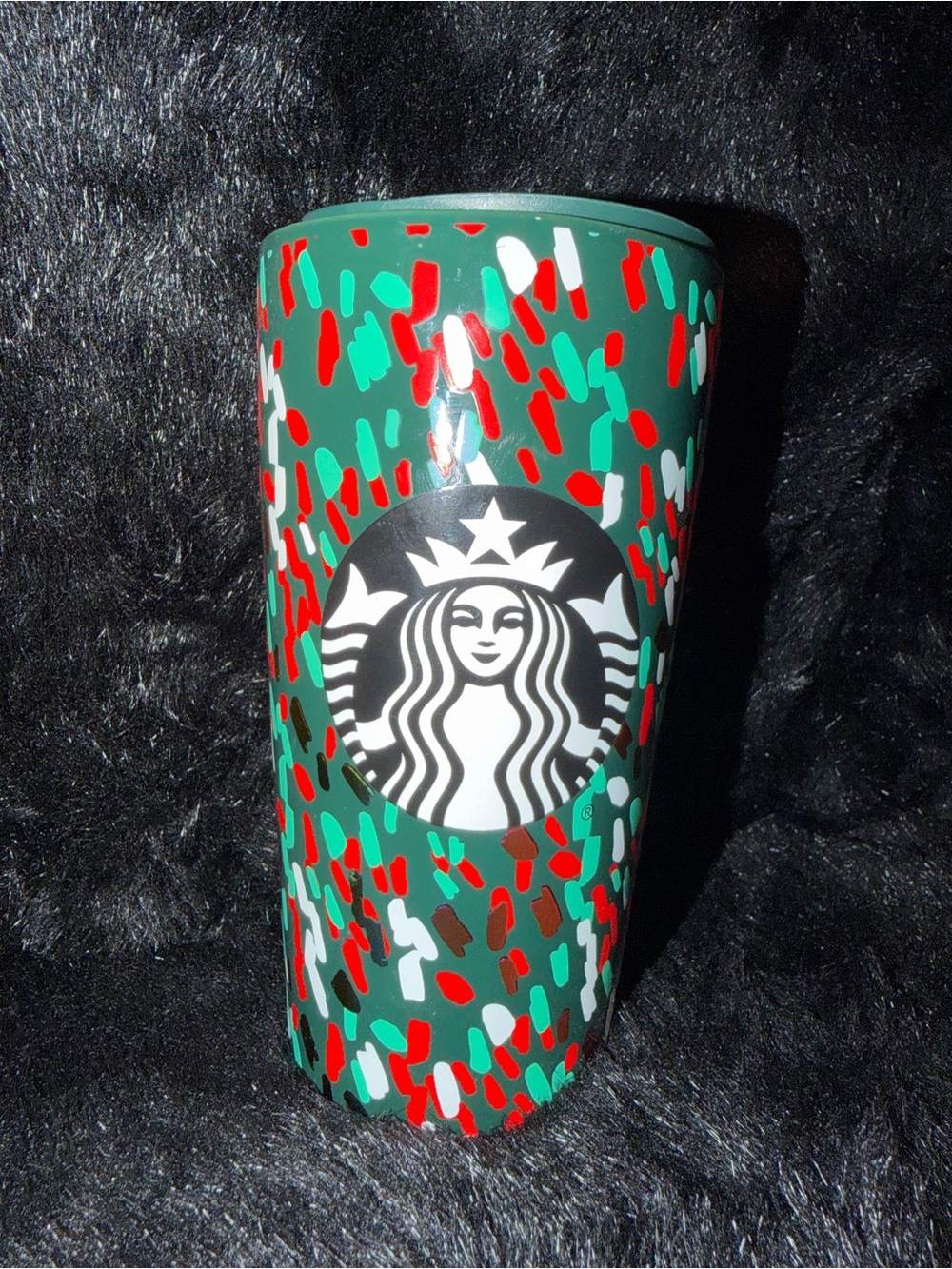 Starbucks Green Tumbler with Red, White & Teal Confetti Pattern